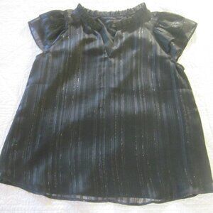 Banana RepublicTop XS Black Ruffle Neck Silver Metallic Stripe